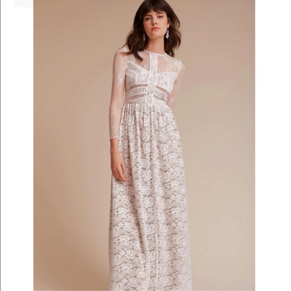 NWT Sau Lee Long-Sleeve Lace Maxi Wedding Dress Noche White Womens Size 2
